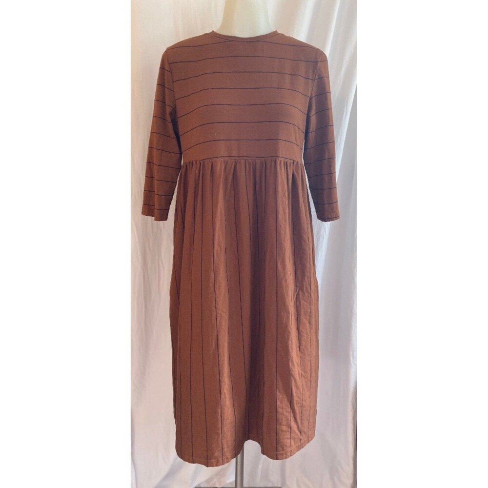 Brown And Navy Striped Long Sleeve Empire Waist Babydoll Midi Dress M